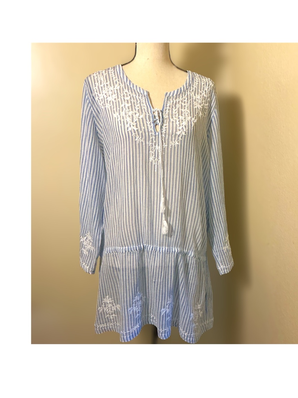 Lauren Jean  Co Ralph Lauren Blue White Stripe L Embroidered Tunic Top